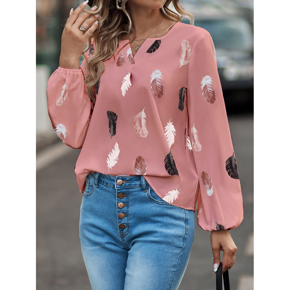 Feather Print Polo Shirt Long Lantern Sleeve Shirt