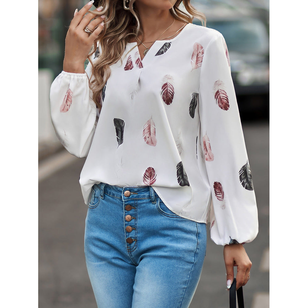 Feather Print Polo Shirt Long Lantern Sleeve Shirt