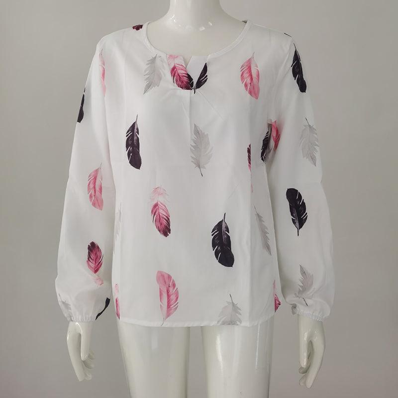Feather Print Polo Shirt Long Lantern Sleeve Shirt