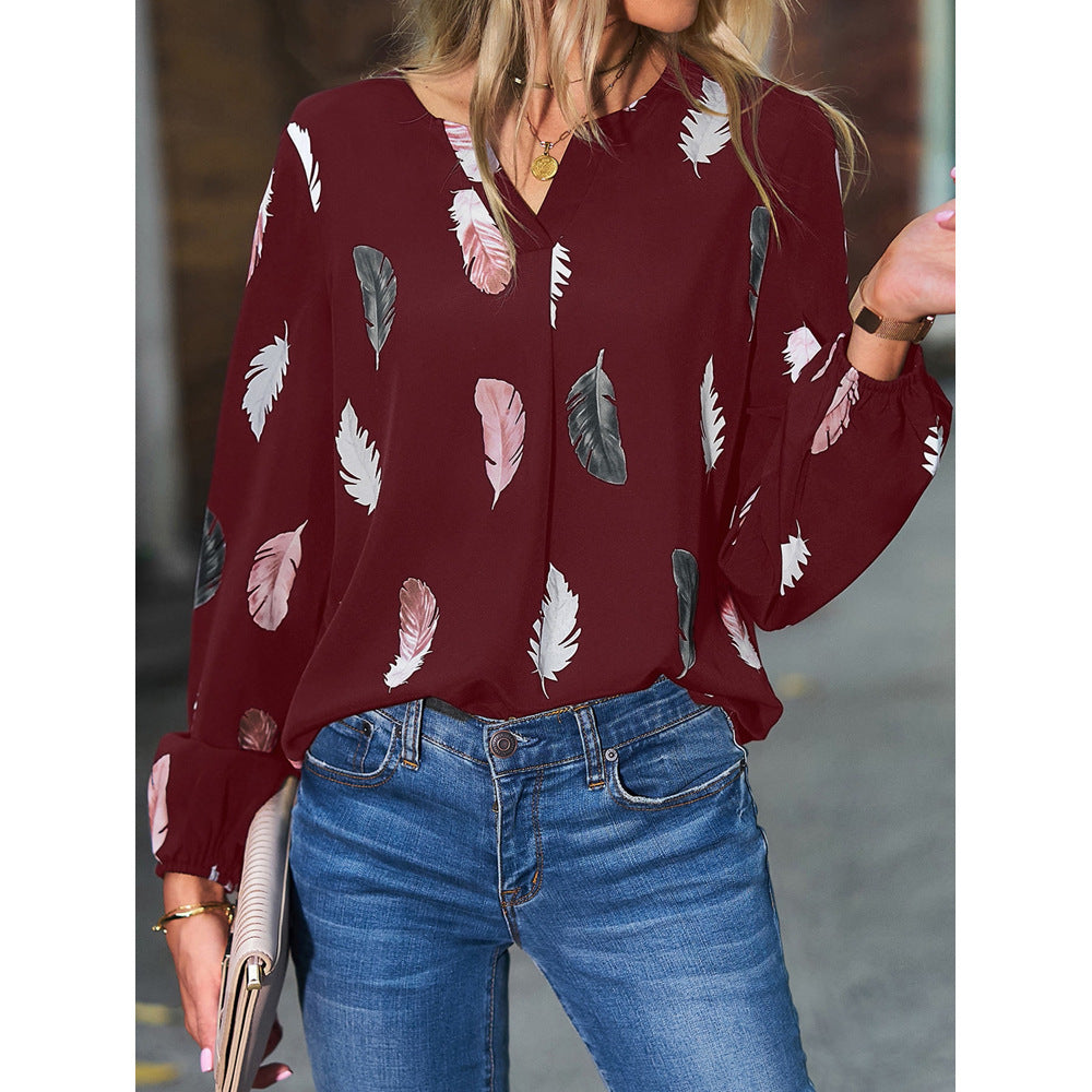 Feather Print Polo Shirt Long Lantern Sleeve Shirt