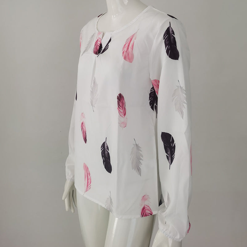 Feather Print Polo Shirt Long Lantern Sleeve Shirt