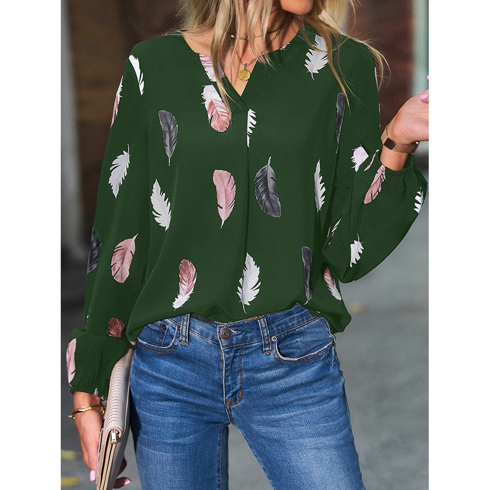 Feather Print Polo Shirt Long Lantern Sleeve Shirt