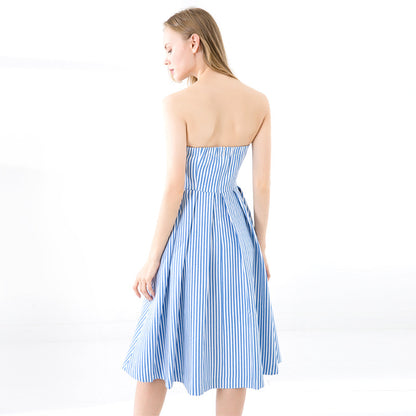 Blue And White Striped Mid-length Bow-knot Tube Top Dress