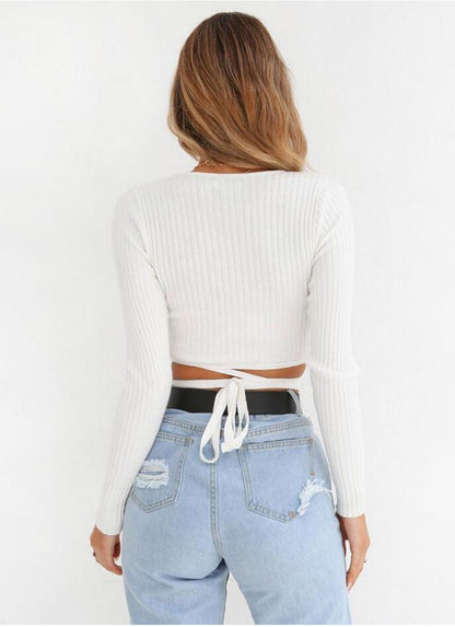 Casual Solid V Neck Knitted Short Top
