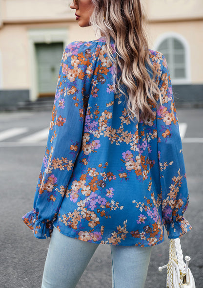 Casual Floral Print V Neck Long Sleeve Shirt Top