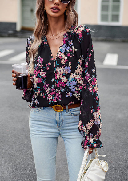 Casual Floral Print V Neck Long Sleeve Shirt Top