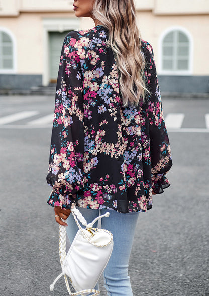 Casual Floral Print V Neck Long Sleeve Shirt Top