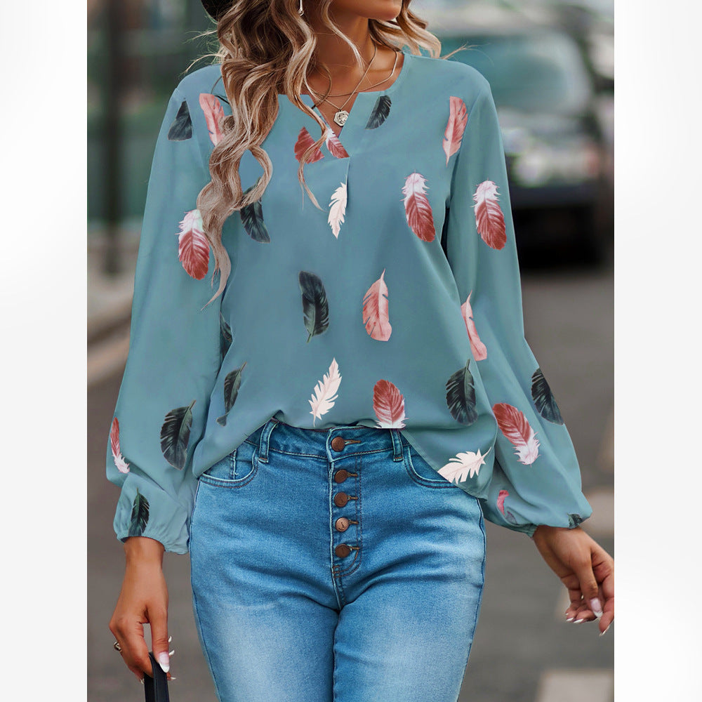 Feather Print Polo Shirt Long Lantern Sleeve Shirt