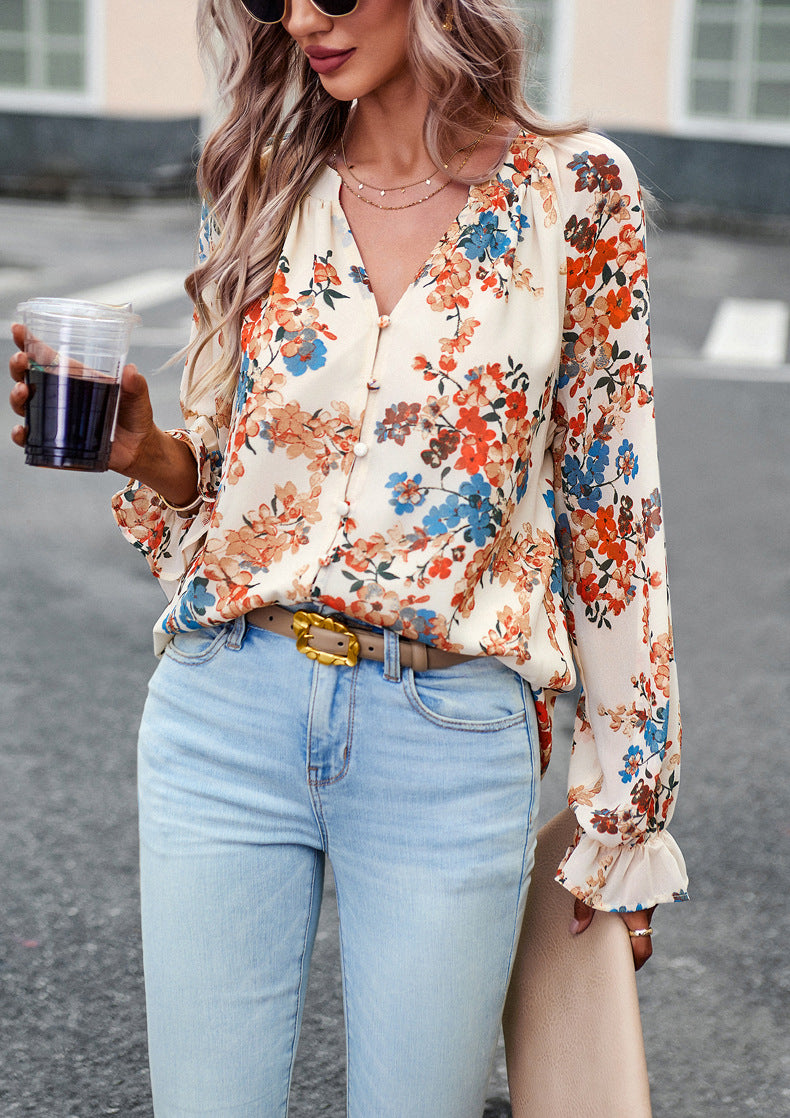 Casual Floral Print V Neck Long Sleeve Shirt Top