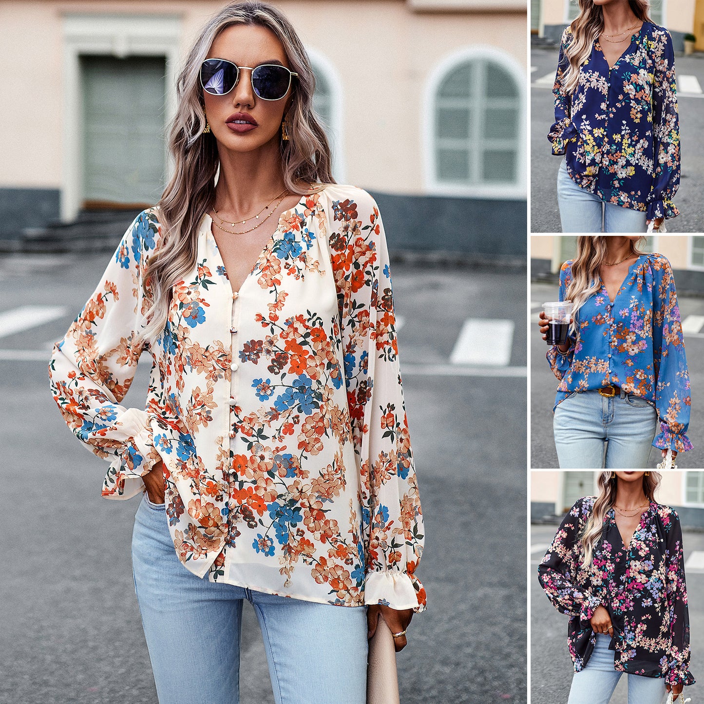 Casual Floral Print V Neck Long Sleeve Shirt Top