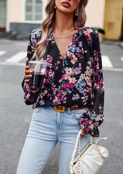 Casual Floral Print V Neck Long Sleeve Shirt Top