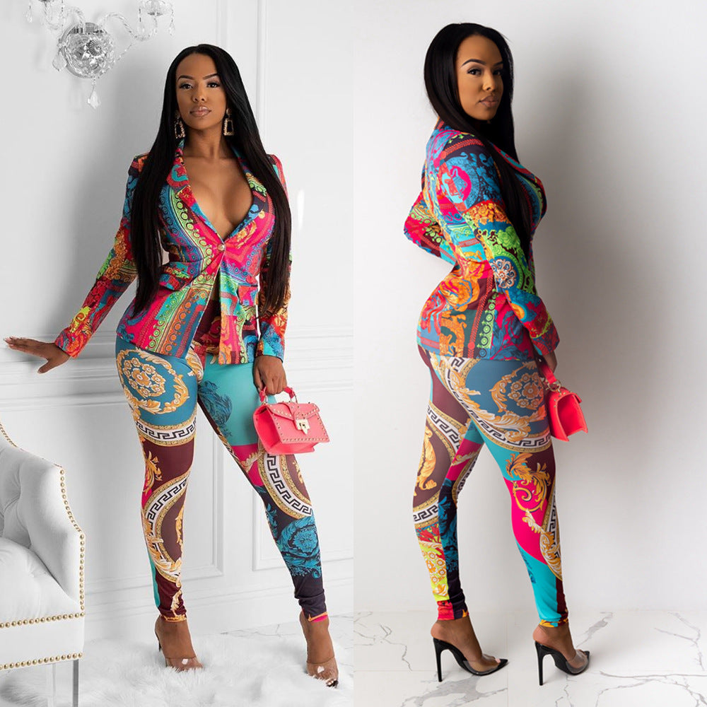 European And American Sexy Womens Waist Printing Suit Two Piece Suit