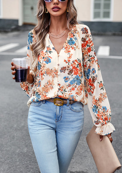 Casual Floral Print V Neck Long Sleeve Shirt Top