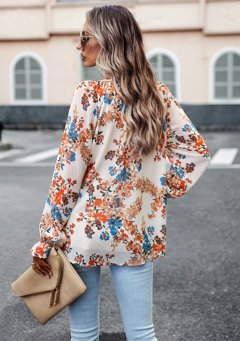 Casual Floral Print V Neck Long Sleeve Shirt Top