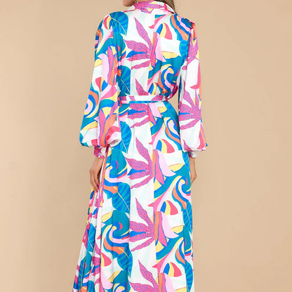Printed Long-sleeved Polo Collar Oversized Hem Dresses